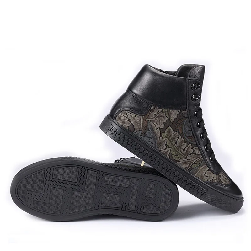 Fashion Brand High Top Sneakers Men Fall Winter Genuine Leather Warm Cotton Shoes Flower Print Black Casual Shoes Mens Flats