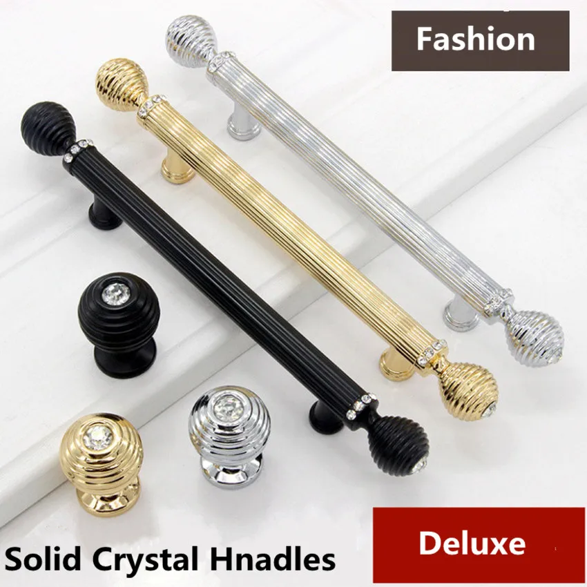 

192nn Modern fashion deluxe Rhinestone villa furniture decoration handles 24K golden silver black wardrobe cupboard handle pulls