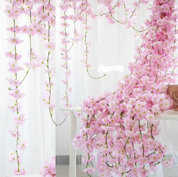 

200cm Artificial Cherry Blossoms Flower Wedding Decoration DIY Rattan Garland Simulation flowers vine Party Home wreath SN1377