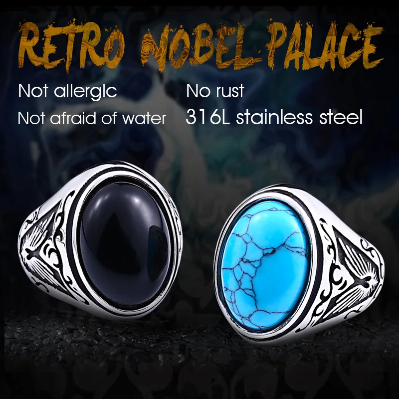 Beier 316L Stainless Steel Natural Oval Opal Green Stone Ring Vintage Nobel Palace Product For Woman Man  LR633