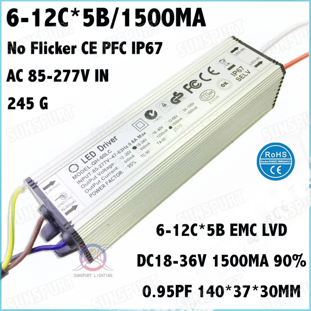 

2 Pcs No Flicker IP67 PFC>0.9 60W AC85-277V LED Driver 6-12Cx5B 1500mA DC18-36V Constant Current For Spotlights Free Shipping