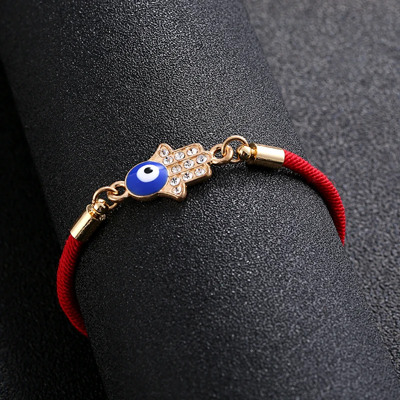 Women\'s Hamsa Fatima handmade red rope thread bracelet lucky braid CZ rhinestone bracelet adjustable small jewelry