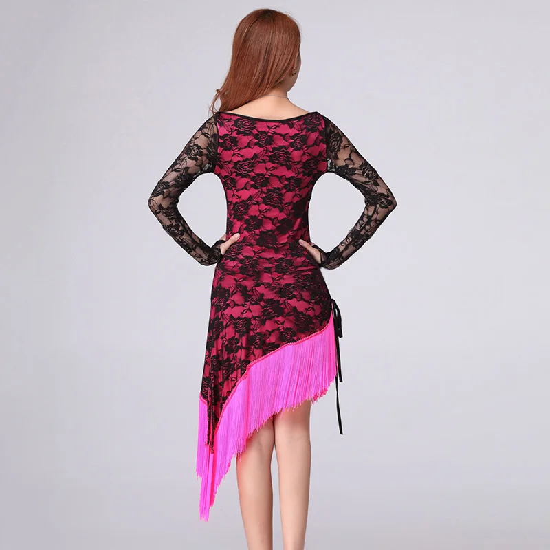 Retail Latin Dance Clothing Tassel Elegant Sexy Women Tango Ballroom Salsa Stage Dance Costumes Lace Patchwork Dance Top+Skirt
