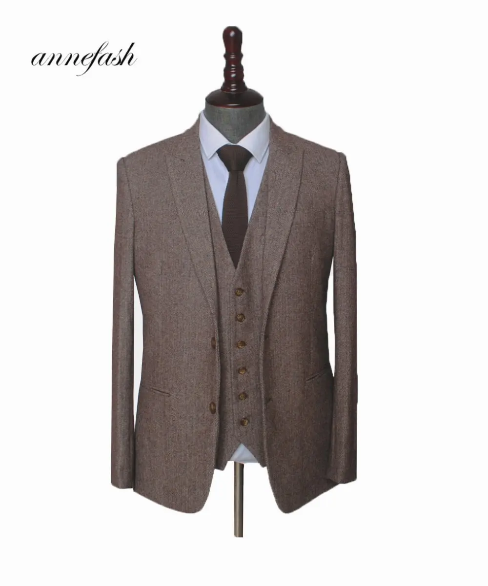 

Custom Made Woolen brown Herringbone Tweed men wedding suit British style Mens suit tailored plus size Blazer suit