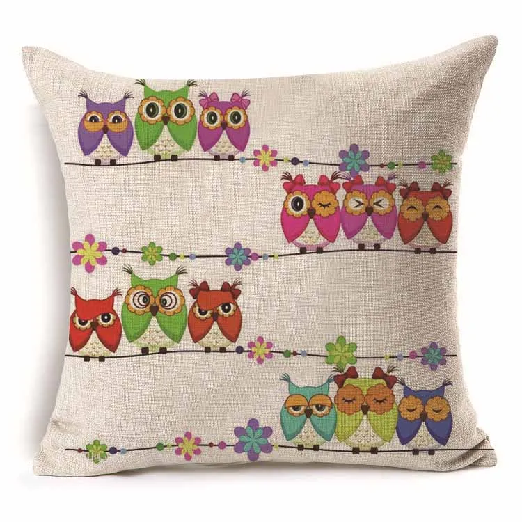 45*45 cm Colorful Cute Owl Pattern Cotton Linen Throw Pillow Cushion Cover Car Home Sofa Decorative Pillowcase 40242