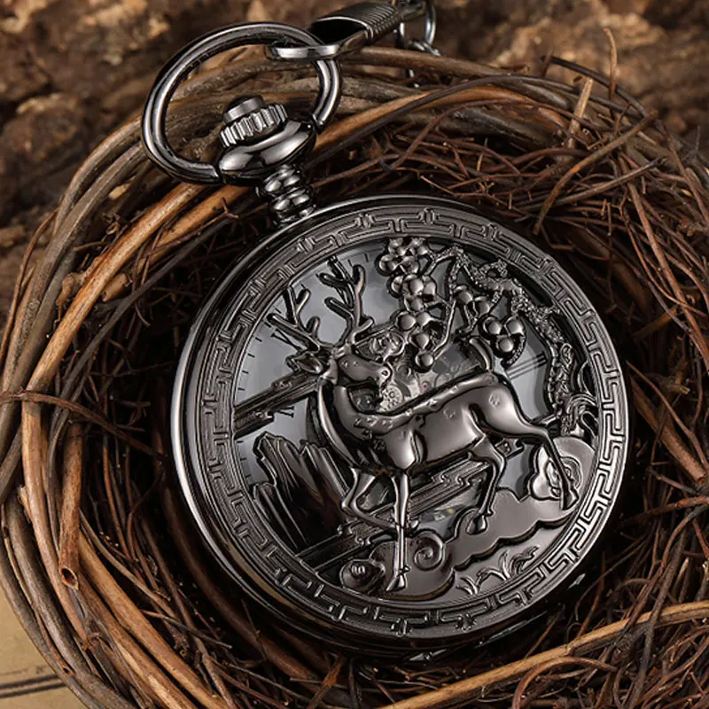 Jam Tangan Saku Mekanis Rusa Perunggu Antik Jam Tangan Rantai Rantai Rantai Rantai Rantai Unisex Berongga Steampunk Pria Hadiah Jam Tangan Hitam