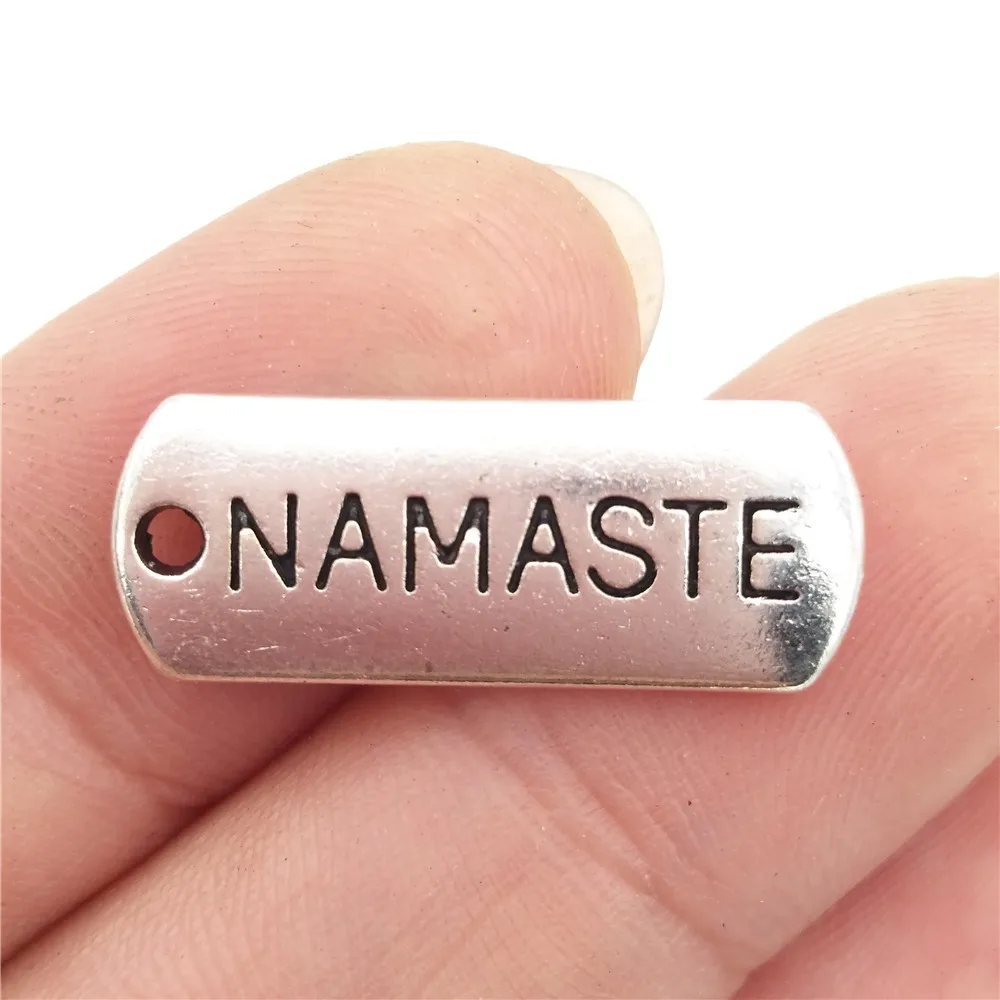 BULK 30pcs Zinc Alloy Antique Silver Plated Namaste Yoga Meditation Charms Handstamped Bar Jewelry Making Pendants 8*21mm 1.8g