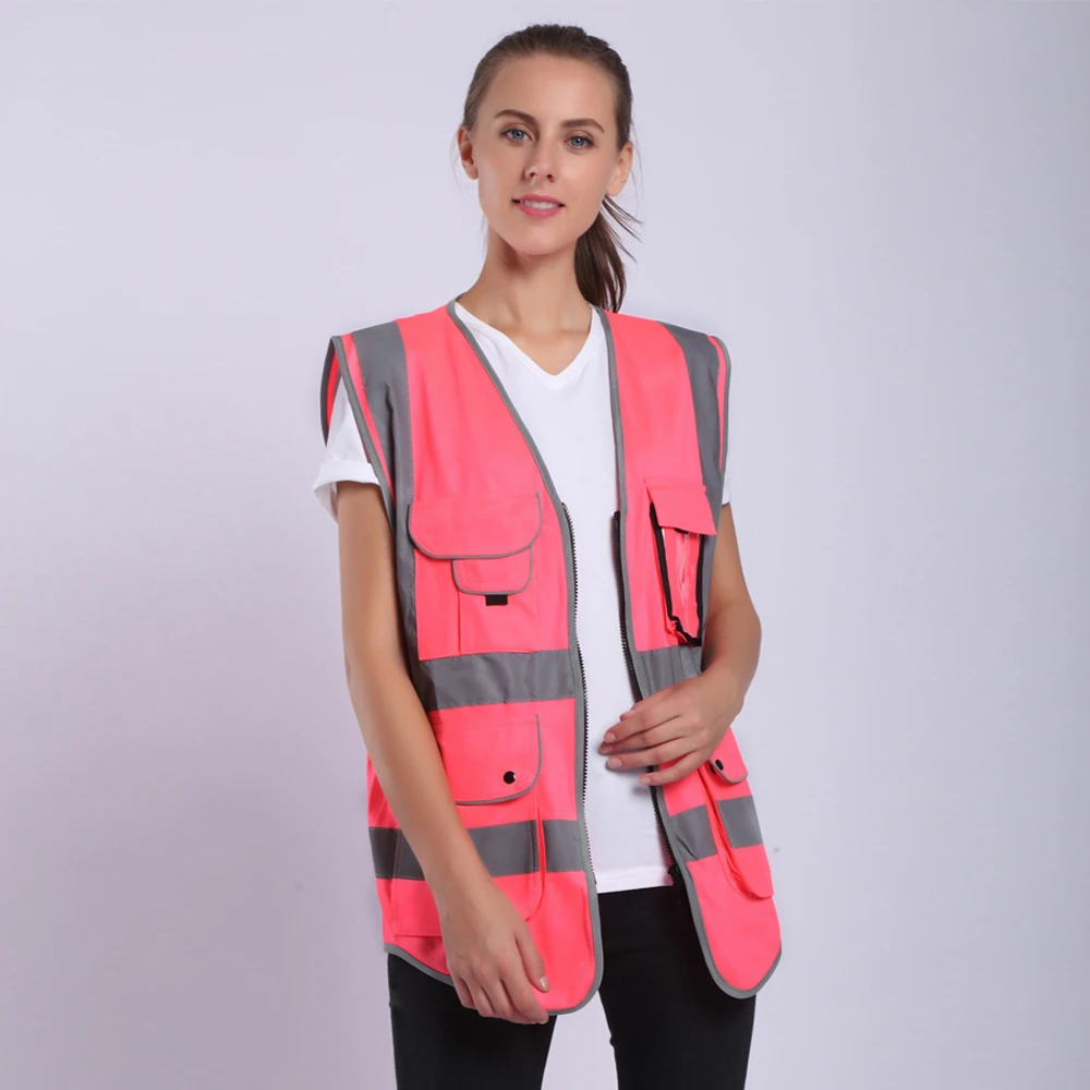 Colete de alta visibilidade feminino, roupas de trabalho, uniformes com bolsos, rosa