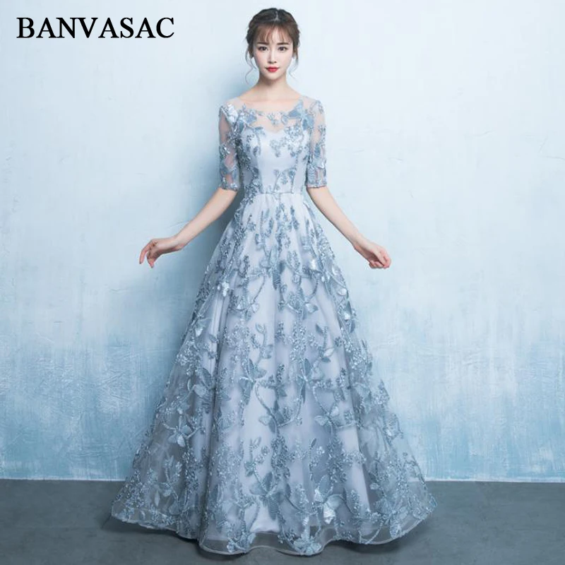 

BANVASAC Lace Half Sleeve O Neck 2018 Embroidery A Line Long Evening Dresses Elegant Appliques Party Prom Gowns