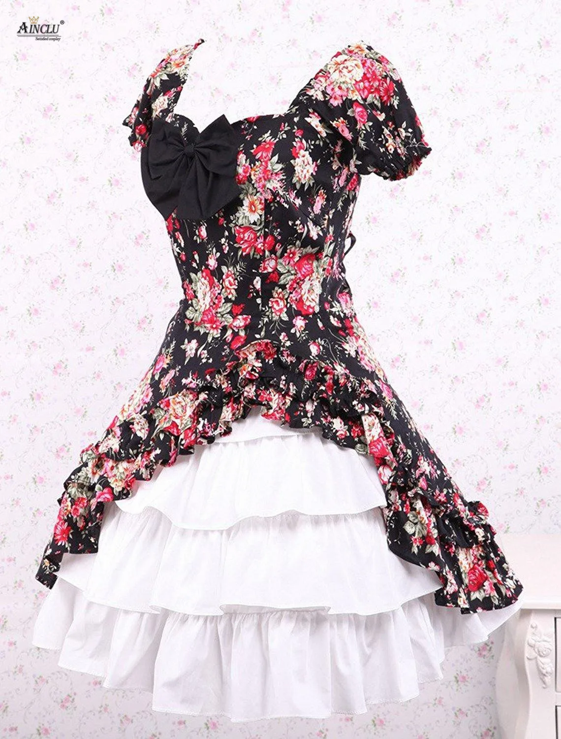 Spring/Summer/Autumn Middle-Long Dress Ainclu Cabbage Patch Short Sleeves Cotton Classic Printing Lolita Dress With Bow Lace