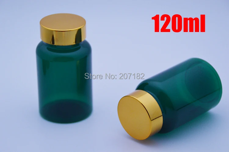 

100pcs 120ml PET Translucent Green Medicine Bottle, Capsules/Pills/Powder/Vitamin Plastic Bottles -- Bright Golden Metal Caps