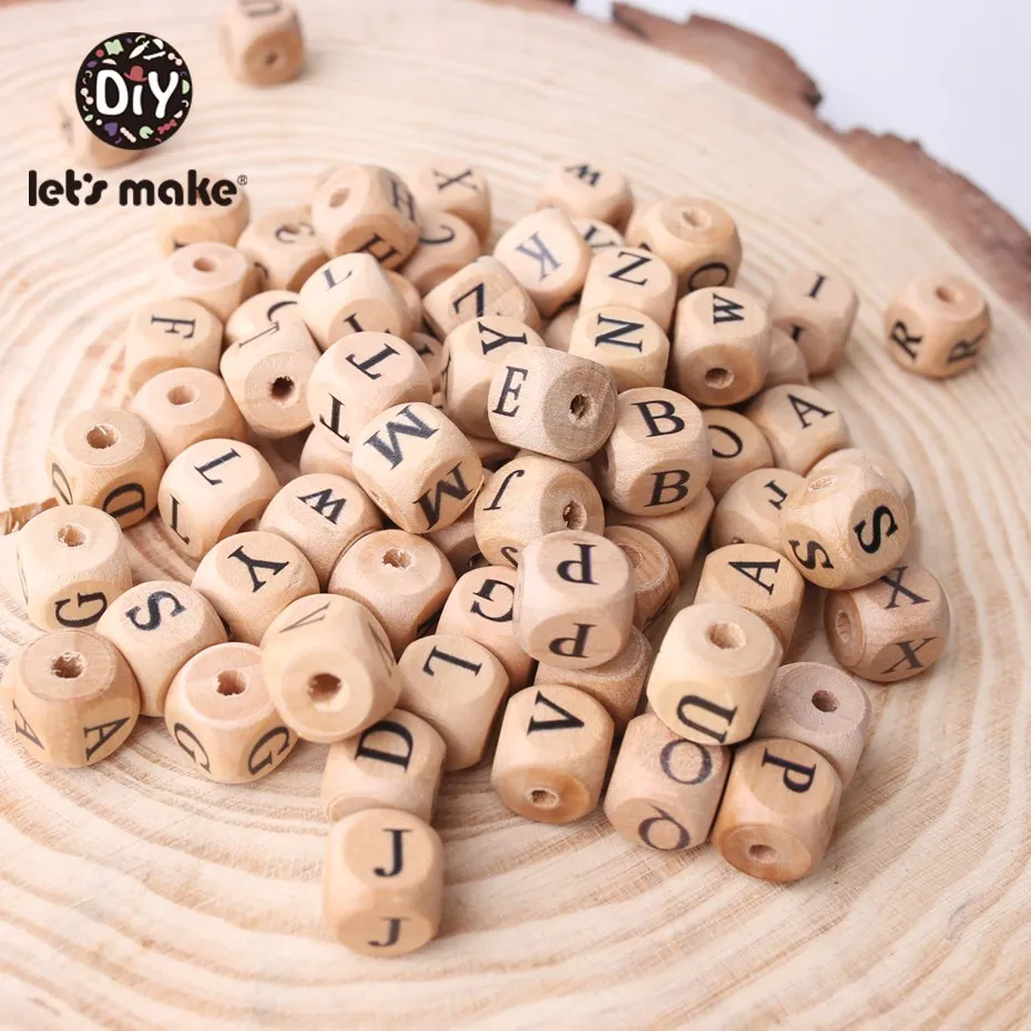 Let\'S Make Wooden Teether 50Pc Square Shape Beech Wood Letter Beads Diy Pacifier Chain Teether For Babies Teething Bead Kid Toy