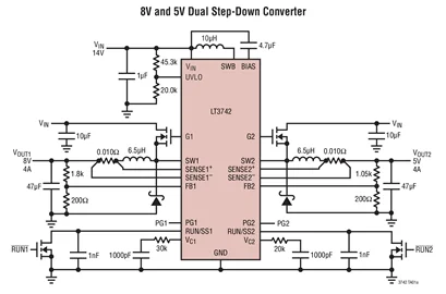 LT3742EUF LT3742 - Controller di commutazione step-down doppio e bifase