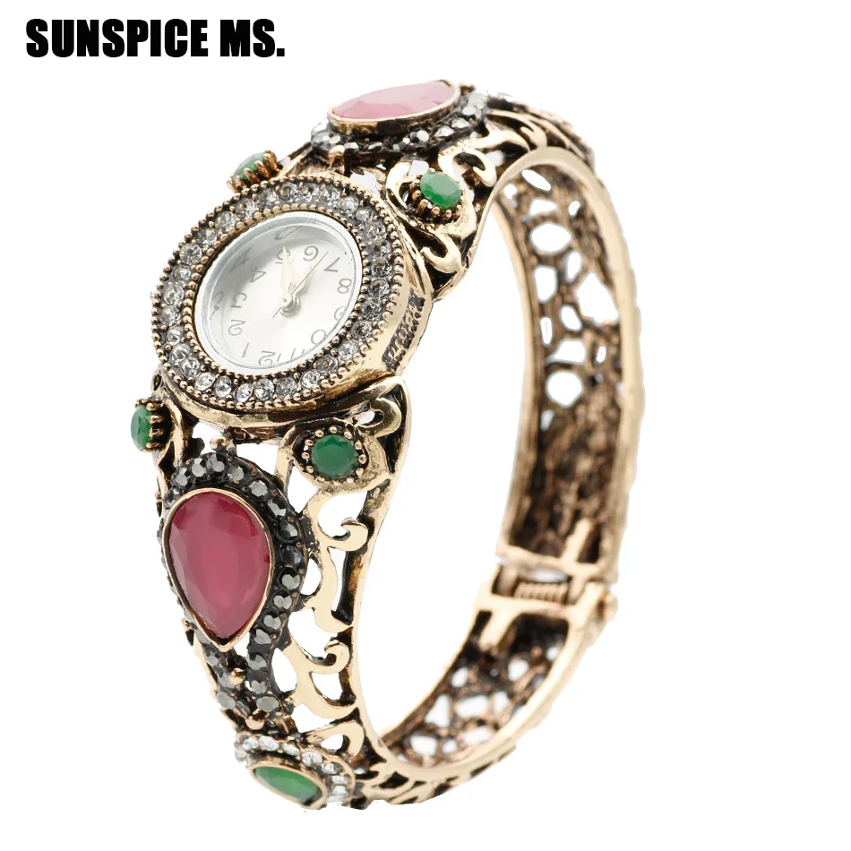 SUNSPICEMS Turkish Women Retro Vintage Bangle Watch Resin Cuff Quartz Wristwatch Antique Gold Color DUBAI Ethnic Wedding Jewelry