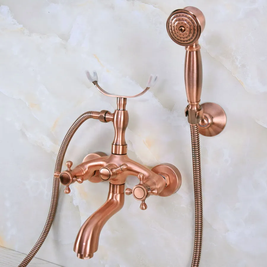 

Antique Red Copper Brass Double Cross Handles Wall Mounted Bathroom Clawfoot Bathtub Tub Faucet Mixer Tap w/Hand Shower ana369