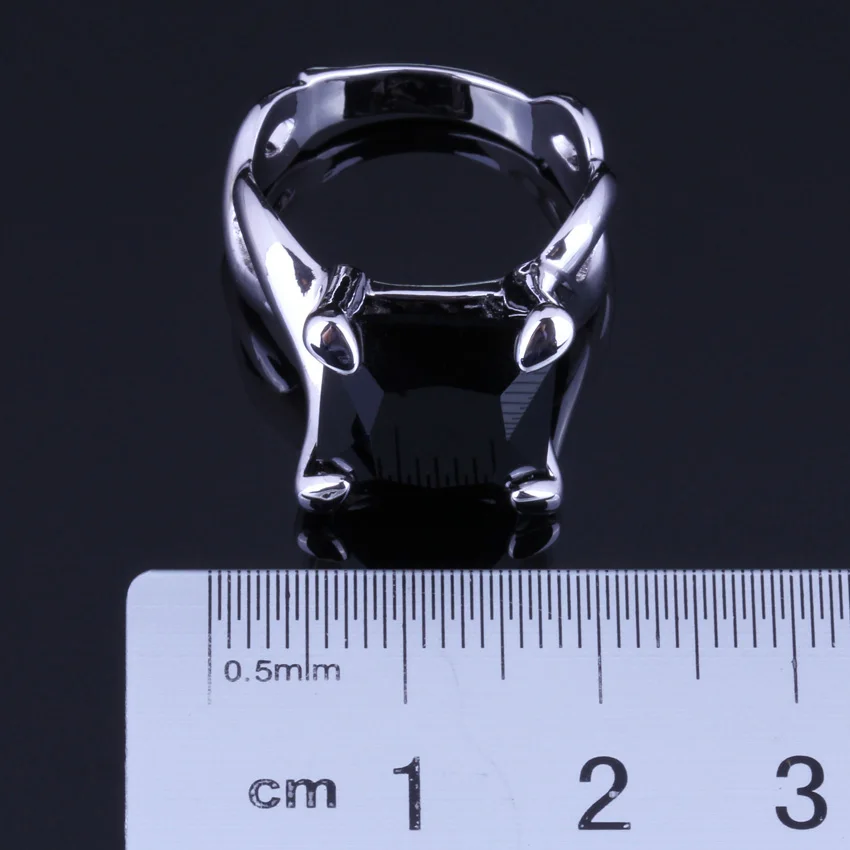 Outstanding Square Black Cubic Zirconia Silver Plated Ring V0070