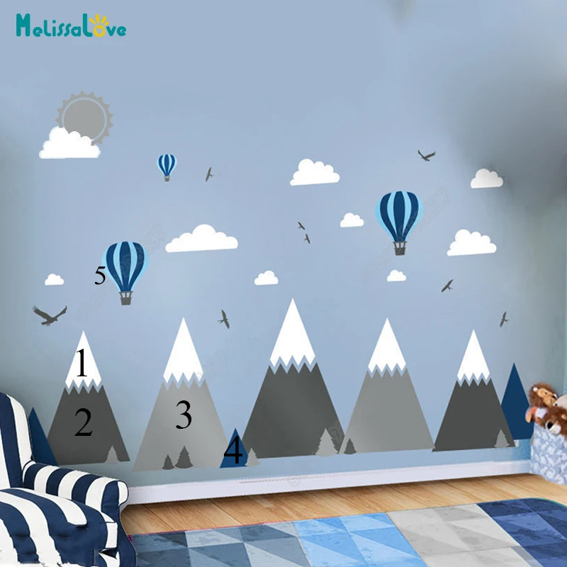 Big Baby Room Decal  Adventure Theme Decor Huge Mountain Cloud Bird Hot Balloon Kid Room Removable Vinyl Wall Sticker JW375