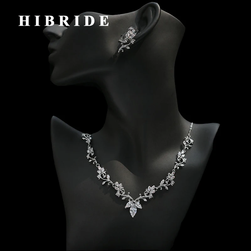

HIBRIDE Beautiful Flower Austrian Crystal Cubic Zircon Necklace Sets Trendy Women Wedding Jewelry Set With Earring N-232