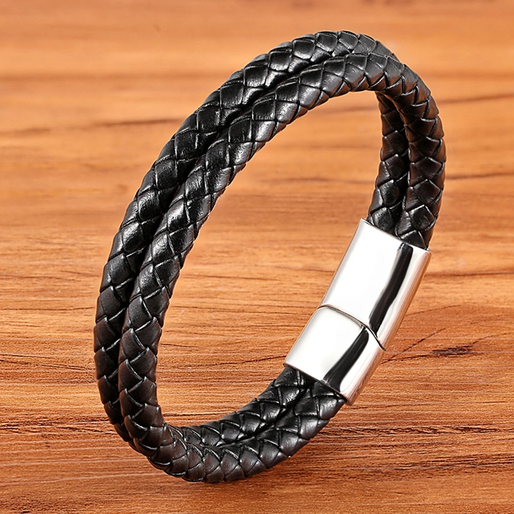 XQNI New Design Classic Vintage leather Stainless Steel Leather Men\'s Bracelet Steel Color Button Accessories Christmas Gifts