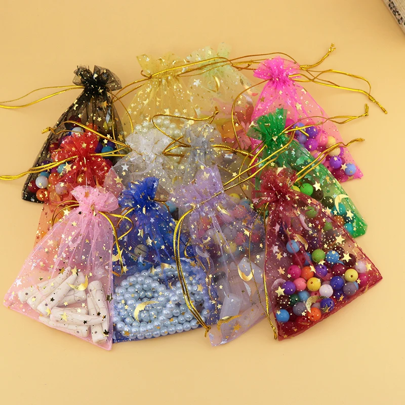 100PCS 7x9cm Mixed Colors Moon and Star Pattern Christmas Organza Gift Bag Pouches Wedding Favor Charms Jewelry Packaging Bags
