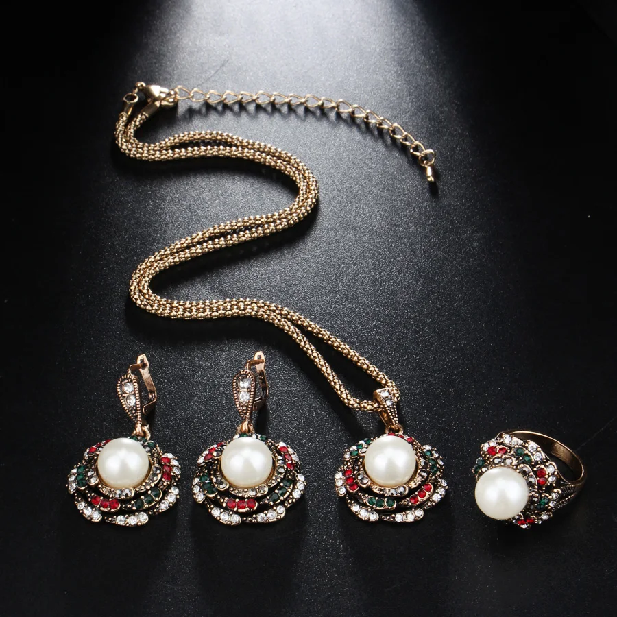 3Pcs/lot Vintage Pearl Flower Bohemian Jewelry Sets Luxury Fashion Antique Gold Crystal Wedding Ring Necklace Earrings For Women