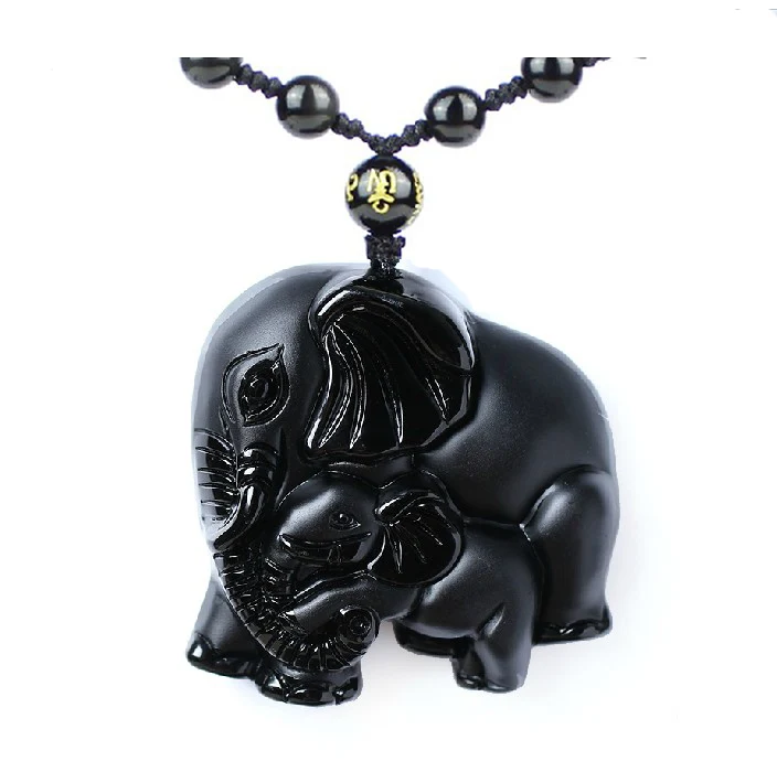 Drop Shipping Natrual Obsidian Carved Elephant Nose God of Wealth Lucky Pendants Black Obsidian Necklace Pendant