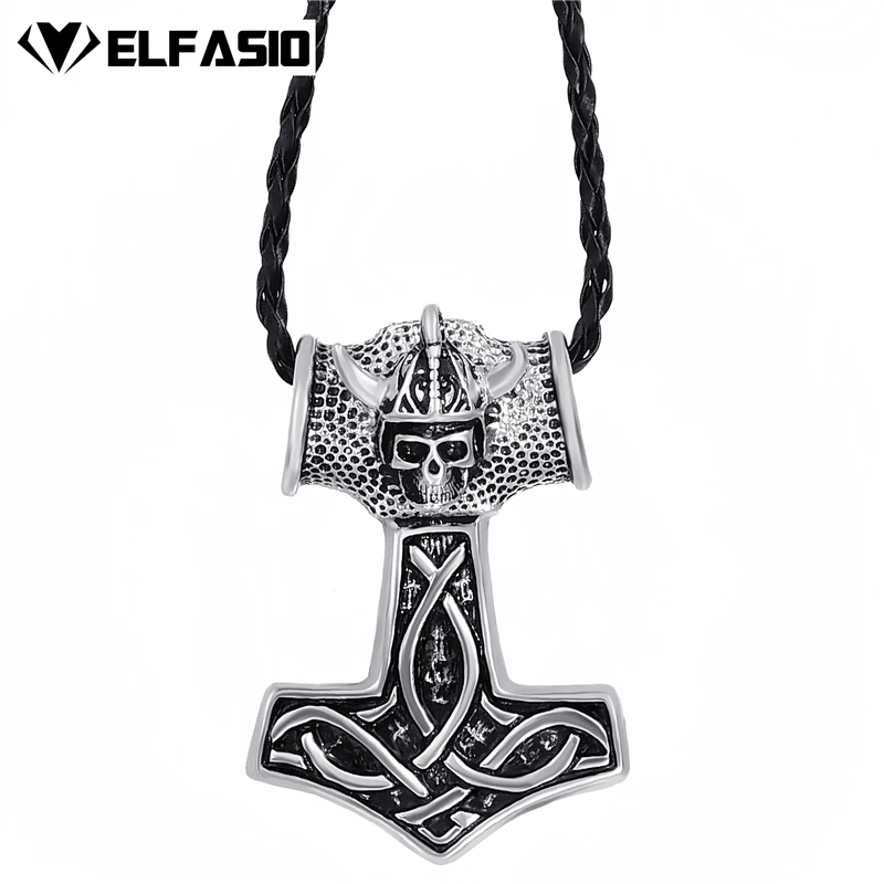 Mens Boys Large Thor's Hammer Skull Knight Mjolnir Pewter Pendant with 24