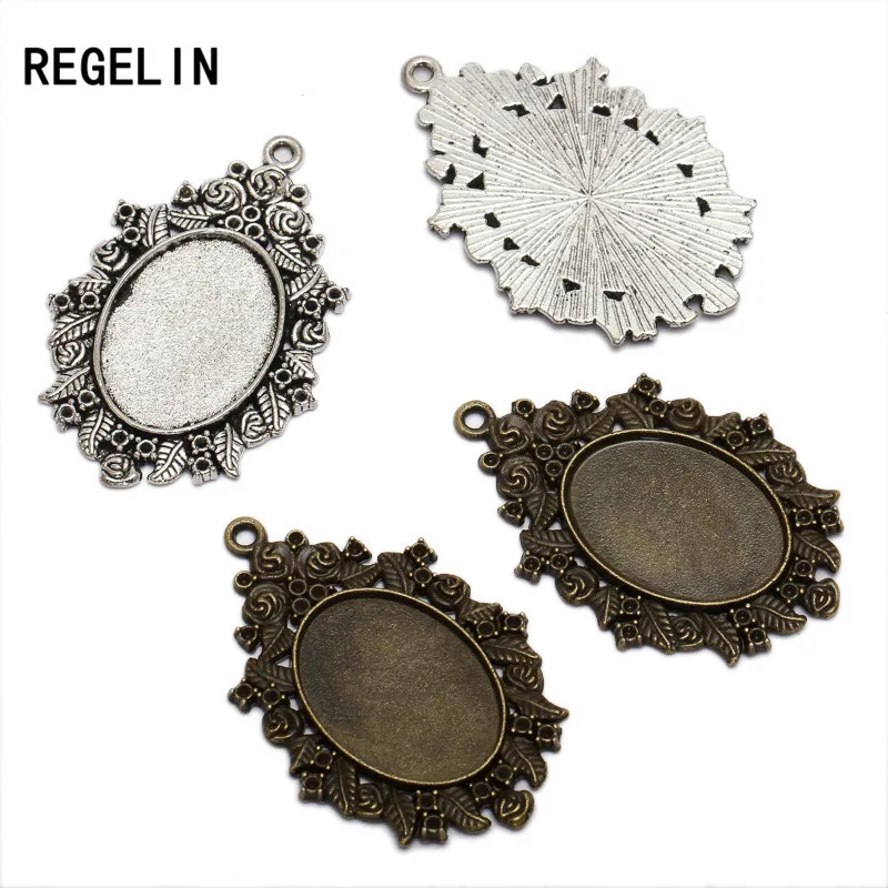 REGELIN 10pcs/lot antique bronzer/antique Silver filigree cameo cabochon 18*25mm base setting pendant tray jewelry accessories