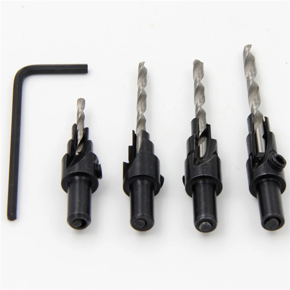 4Pcs HSS Round Shank เครื่องเจาะ Bits Tapper เครื่องมือ Woodworking Pilot รูขนาด #6 #8 #10 #12 1ประแจ