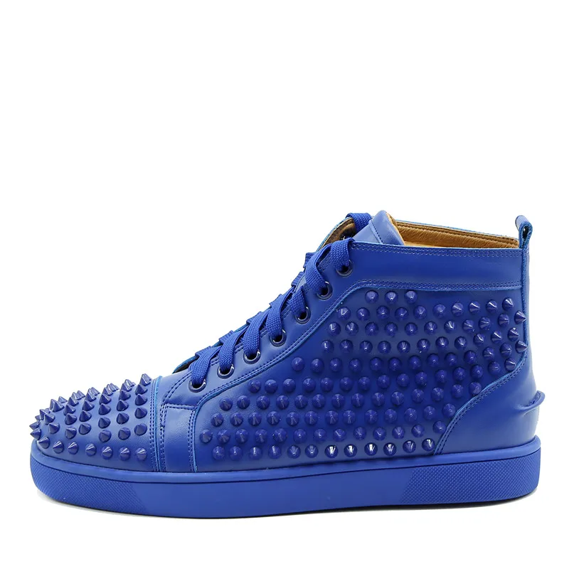 Qianruiti Rivets shoes Lace-up High-top Sneakers Men Fashion Round Toe Leather Red Blue Black Spike Leisure Casual Shoes