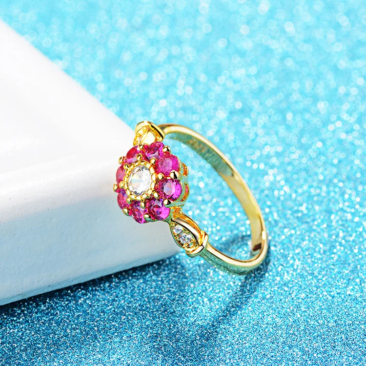 Seanlov Luxury Gold Color Rings For Women Wedding Engagement Acessories Red Cubic Zirconia Flower Jewelry Gifts Drop Shipping