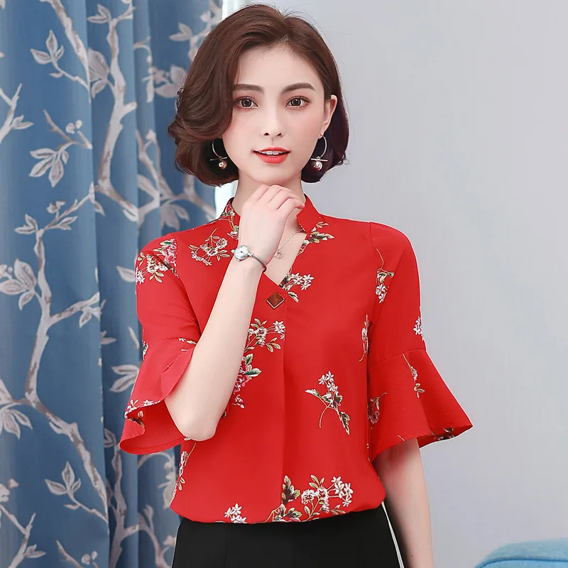 Zomer Flare Mouw Chiffon Overhemd Vrouwen V-kraag Half Mouw Blouses Vrouwelijke Print Office Dames Werk Casual Top Kleding h9029