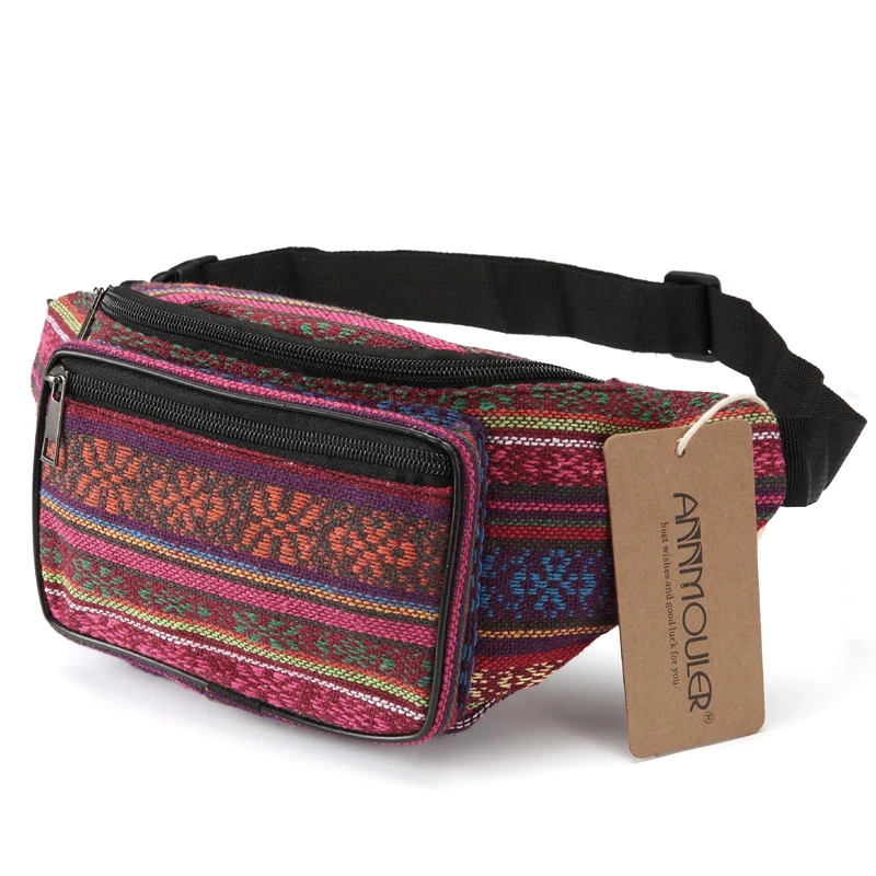 Annmouler moda kobiety Waist Pack 6 kolory tkaniny piterek podwójny zamek błyskawiczny torba na klatkę piersiowa styl boho Tribal torba na telefon z paskiem