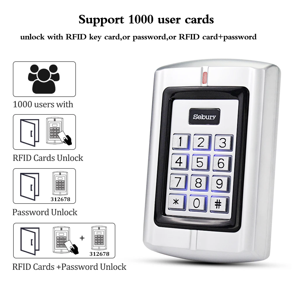 OBO Sebury Metal Access Control Keypad 125KHz Standalone RFID Board Access Controller EM Card Reader + 5pcs EM Keychains tags