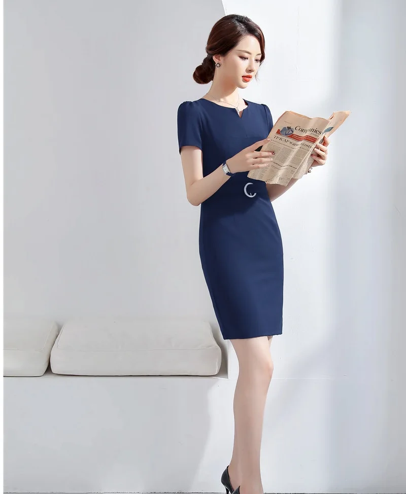 Uniform Styles Elegant Navy Blue Slim Hips Dresses For Women Summer Business Work Wear Ladies Office Female Mini Dress