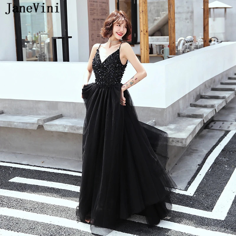 

JaneVini Sexy Black A Line Long Evening Dresses Spaghetti Straps Sleeveless Sparkle Sequined Backless Tulle Formal Party Gowns