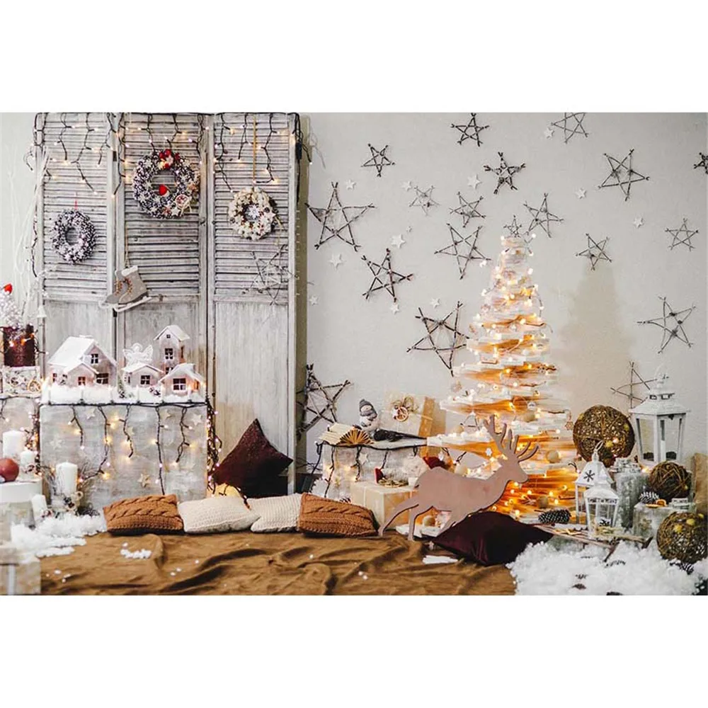 

Indoor Home Xmas Party Backdrop Printed Grey Wood Door Garland Stars Sparkling Christmas Tree Newborn Baby Kids Photo Background