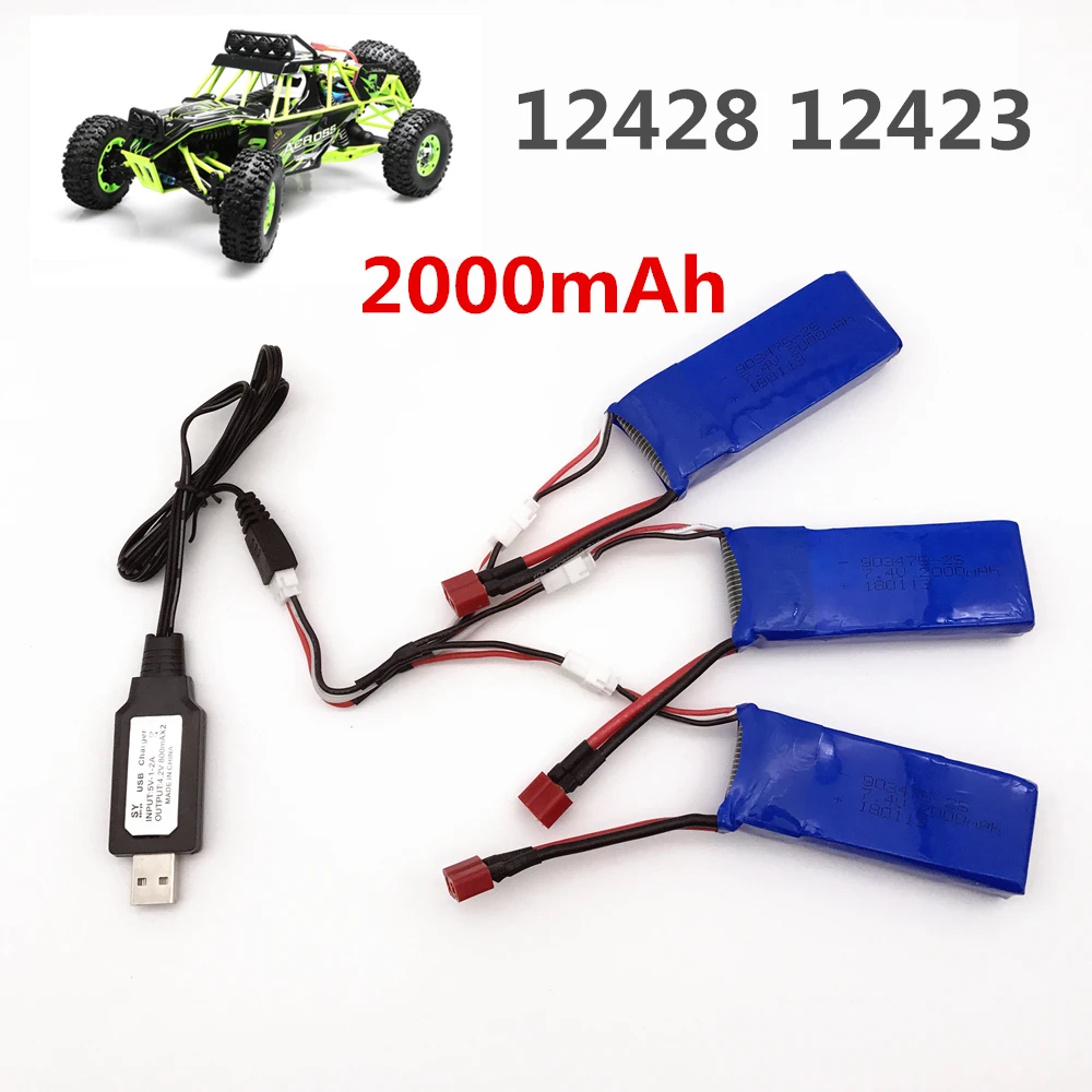 High Capacity 7.4V 2000mAh for Wltoys 12428 12423 1:12 RC Car Lipo battery 903475 2S 7.4V 2000mah 25C Max 50C RC Car Spare parts