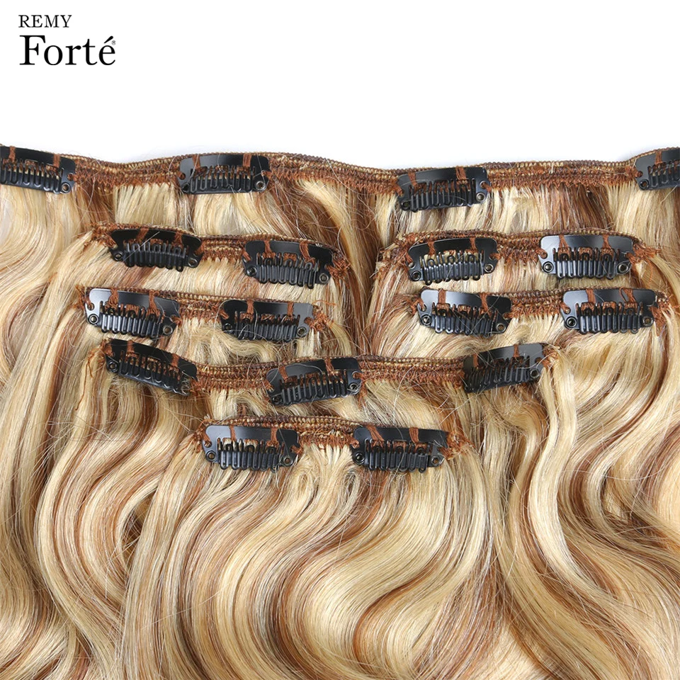 Remy Forte Clip In Human Hair Extensions P6/613 Piano Color Blonde Human Hair Clip 7 Pcs 115g Clip-In Full Head Body Hair Clip