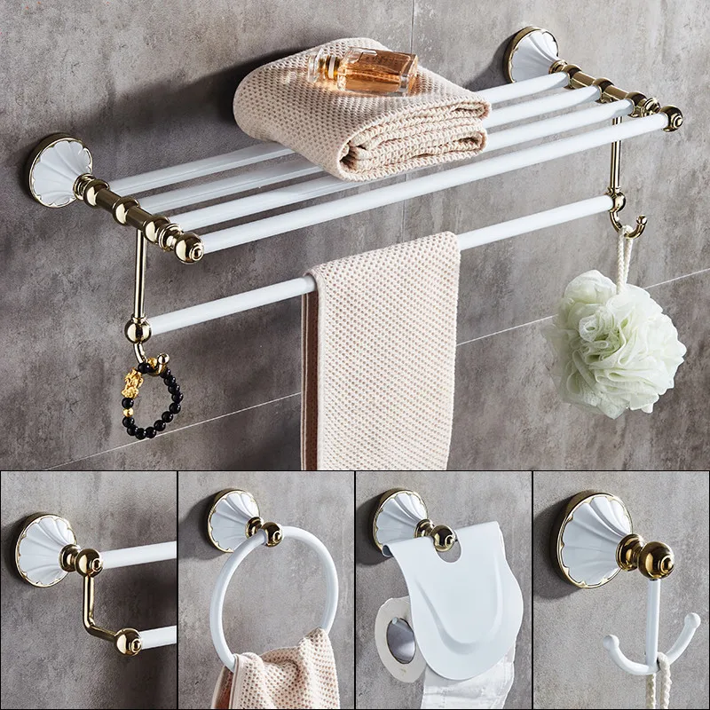 Bathroom Accessories Set, Gold and White Paper Holder,Towel Bar,Soap basket,Towel Rack,Glass Shelf,Hooks bathroom Hardware set