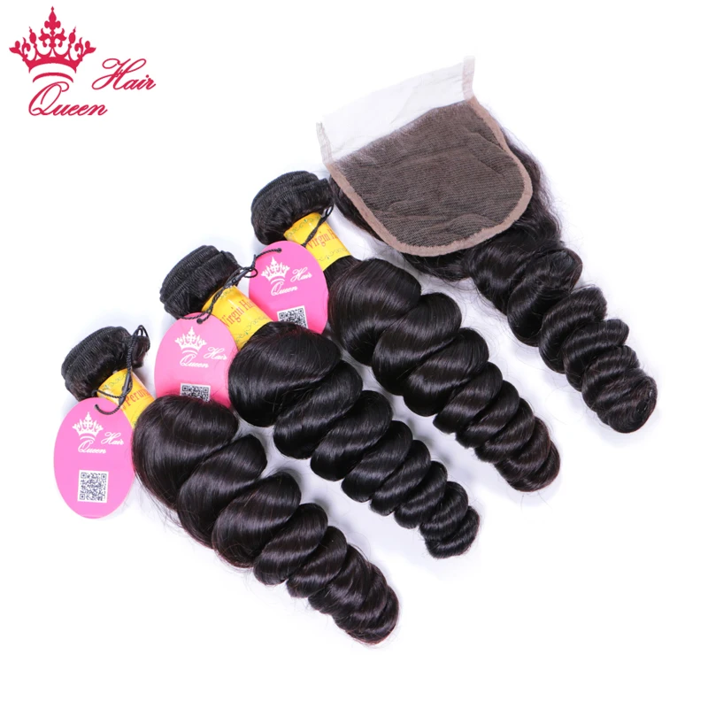 Queen Hair Products Peruvian Loose Wave Raw Hair Bundles With Closure Natural Color Bundles Virgin Human Hair with Lace Closure