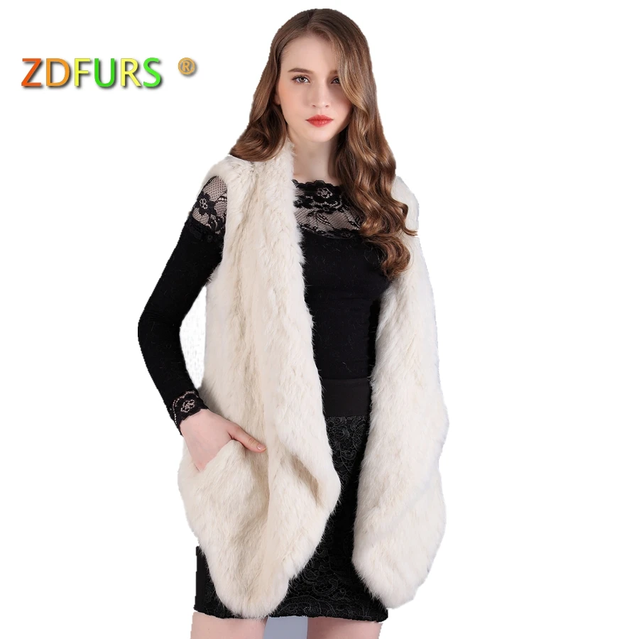 

ZDFURS *winter new Knitted hand made Rabbit fur vests gilet sleeveless Double-sided Knit Fur Waistcoat Women ZDKR-165010