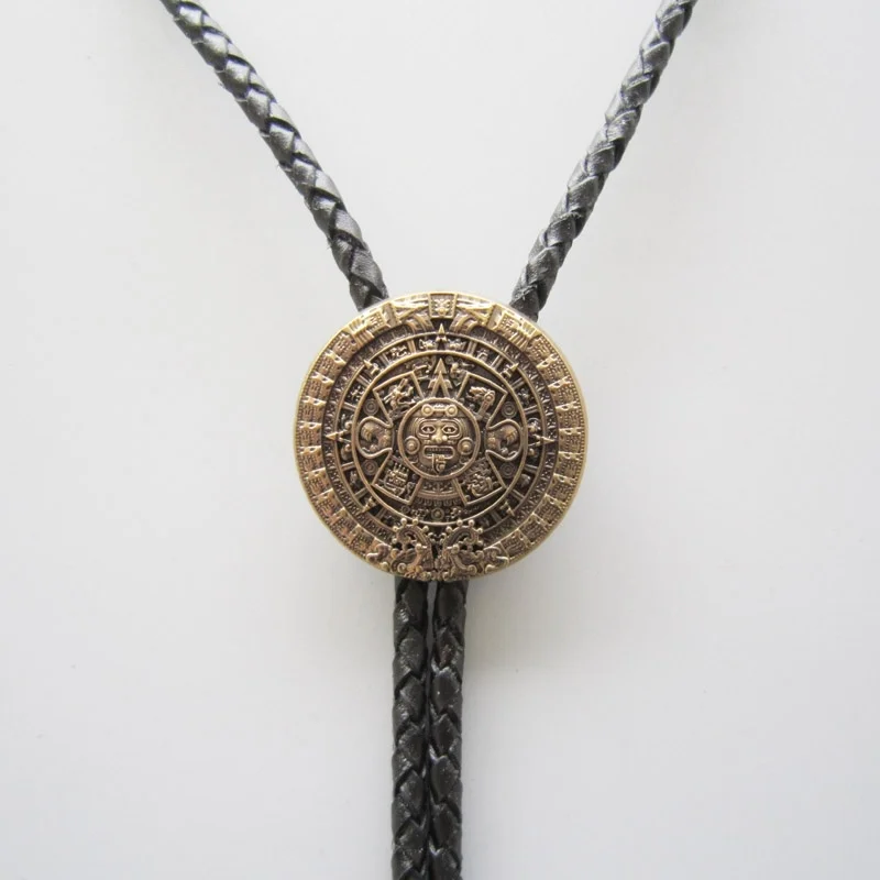 Antique Gold Plated Classic Aztec Calendar Sculpting Bolo Tie Neck Tie Necklace