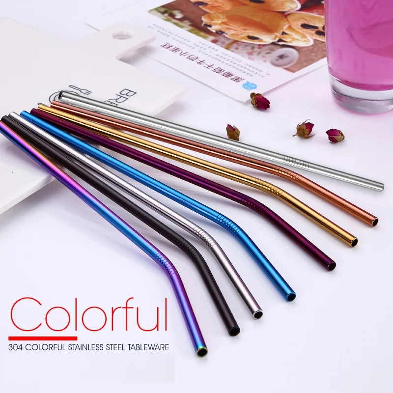 

200pcs/lot Colorful 304 Stainless Steel Straws Reusable Drinking Straw High Quality Bent Metal Straw Free laser logo