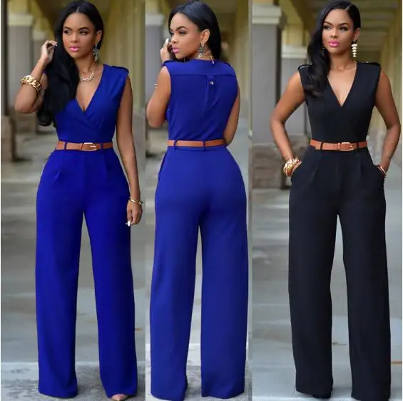 

Women Jumpsuit Long Pants Rompers Sleeveless V-neck 2019 Summer Wide Leg Pants Jumpsuirt With Belt Sexy Club Party Overalls