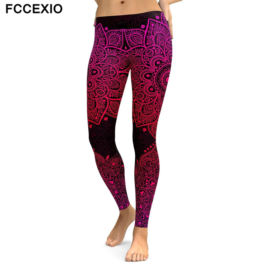 FCCEXIO New Women Leggings Red Mandala Flower Printed Woman Leggins Aztec Round Ombre Fitness High Waist Trouser Women Pants