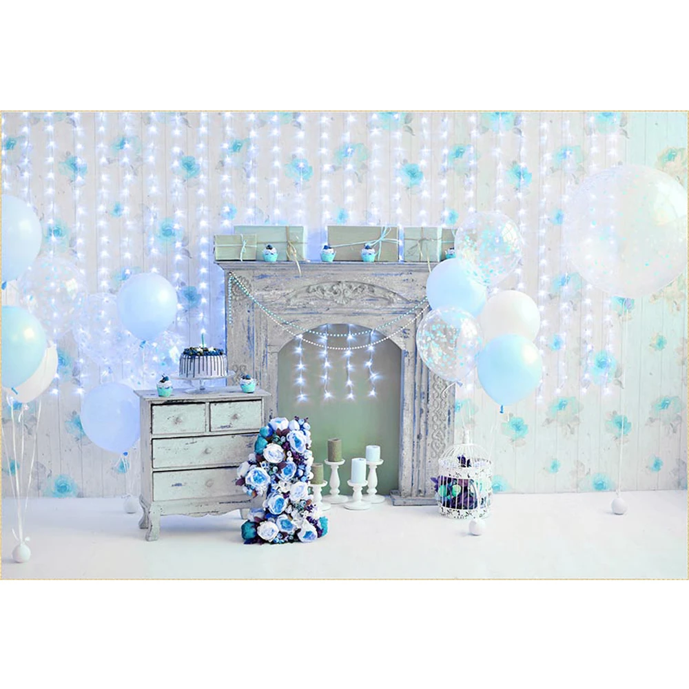 

Baby Boy's 1st Birthday Backdrop Printed Dessert Table Blue Balloons Glitters Kids Children Party Themed Photo Booth Background