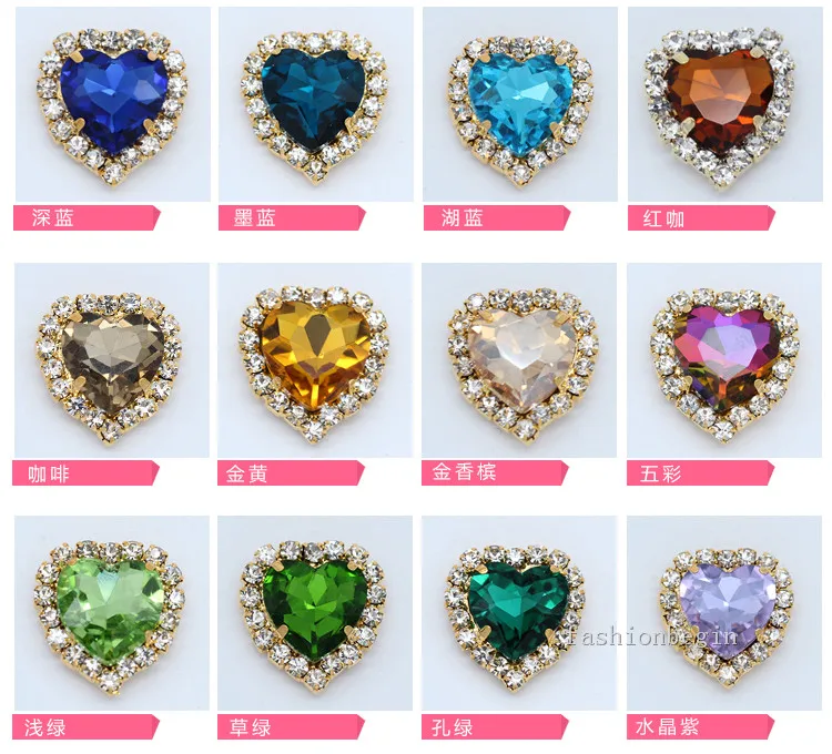 8/10/12/18 color heart shape crystal glass stone sew on flatback rhinestone chain trim Gold setting Craft clothes jewelry making