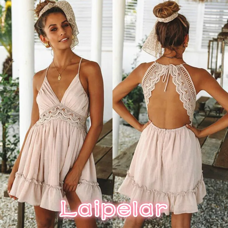 Sexy Crochet Lace Backless V Neck Summer Dress Women Strap Sleeveless Hollow Out Short Dress Casual Beach Party Dresses Vestidos