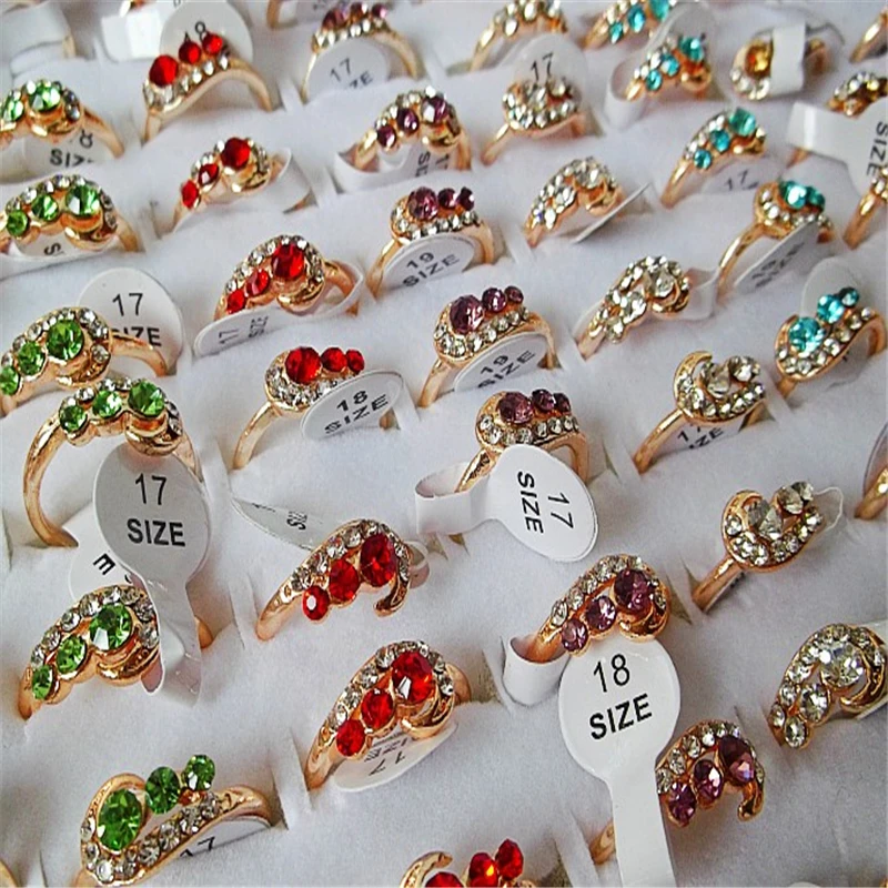 QianBei 2018 Fashion Jewelry Gold Color Rhinestone Rings Women Hot Wholesale Mixed 50pcs/Lots Party Gifts Free Shipping